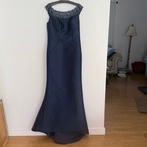 Montage by Mon Cheri Navy Blue Satin Gown